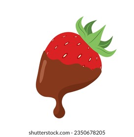 Fresa en chocolate oscuro. Postre dulce para el día de San Valentín. Ilustración vectorial al estilo de las caricaturas planas.