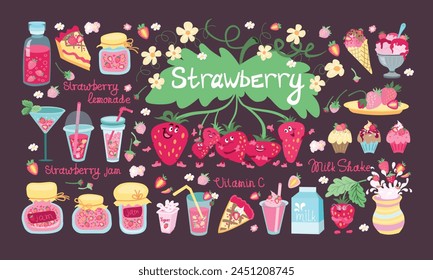 Strawberry deserts set. Ice cream, lemonade, jam and cakes with red berry. Cute colorful colection objekts.