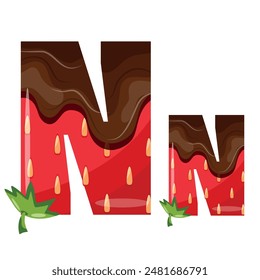 strawberry design alphabet with melted dark chocolate namely letter N design for designs, posters or banners