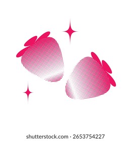 Dos Formas estilizadas de color rosa brillante que se asemejan a las fresas, con un efecto de semitono o de puntos, y acompañadas de dos destellos brillantes.