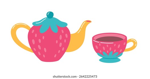 Design de morango de uma chaleira e uma xícara. Ilustração de vetor de louças de estilo plano bonito