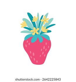 Strawberry design of a vase with flower bouquet in it. Flat style cute home decor vector illustration