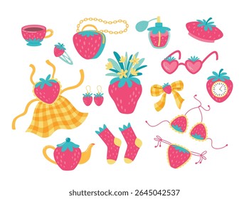 Conjunto de objetos desenhados de morango. Vários acessórios, roupas e artigos de decoração de casa. Coleção de ilustrações de vetor de verão