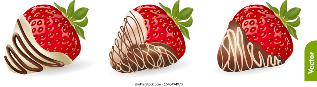Strawberry dessert, berries in white, milk and dark chocolate on isolated background. 3d realistic detailed vector illustration.