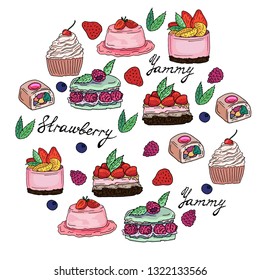 Strawberry dessert collection. Cartoon style vector. Berry sweet food illustration set