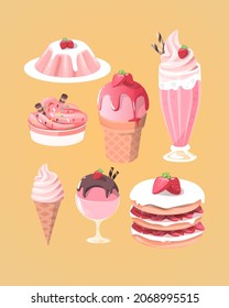 Strawberry dessert collection. Cartoon style vector icon. Sweet food berry illustration set