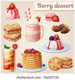 Strawberry Dessert Collection. Cartoon Style Vector Icons. Berry Sweet Food Illustration Set