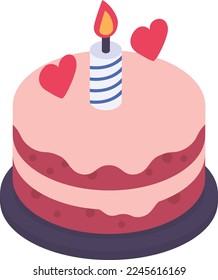 Strawberry Dessert Cream Cake isometric view Concept, Valentine Day Cake decorated with Heart Shape Vector Icon Design, Love and Romance Symbol,Wedding Day Cake with Candle Stock illustration
