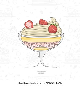 Strawberry dessert. Cream and souffle. Cream with strawberries. Ice cream with strawberries and whipped cream.Natural yogurt with fresh berries. Flat style.