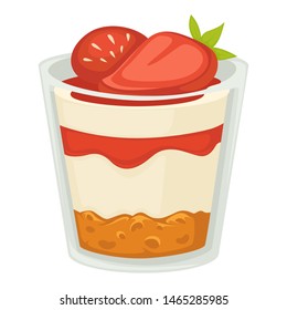 Strawberry dessert designed in layers breakfast with cream vector isolated food with berry on top yogurt mousse with leaf lunch sweet cake, in glass container cup with creamy syrup flat style