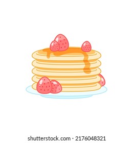 Strawberry dessert. Flat cartoon illustration of a stack of pancakes with berries isolated on a white background. Vector 10 EPS.