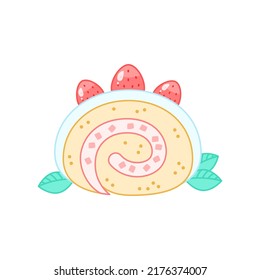 Strawberry dessert. Flat cartoon illustration of a slice of swiss roll with cream isolated on a white background. Vector 10 EPS.
