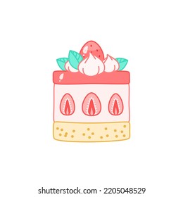 Strawberry dessert. Flat cartoon illustration of a cake decorated with cream and berries isolated on a white background. Vector 10 EPS.