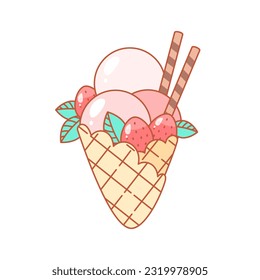 Strawberry dessert. Flat cartoon illustration of a waffle cone with ice cream isolated on a white background. Vector 10 EPS.