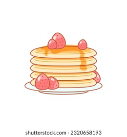 Strawberry dessert. Flat cartoon illustration of a stack of pancakes with berries isolated on a white background. Vector 10 EPS.