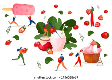 Strawberry dessert, fruit cuisine, vector illustration.People cartoon character with sweet food, berry fresh culinary. Man woman happy chef cook homemade huge jam, ice cream, cocktail and cupcake.