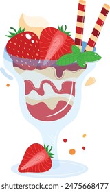 Strawberry dessert glass layered cream chocolate splashes. Sweet treat whipped topping berries mint leaves. Culinary delight dessert presentation delicious food illustration