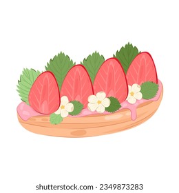 
Strawberry dessert. Half an eclair with pink cream and chopped strawberries.