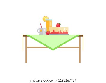 Strawberry dessert with juice or tea on table. Creamy cake of berries and vanilla glaze, hot beverage, orange refreshment, food vector illustration.