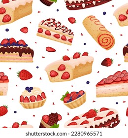 Strawberry Dessert Seamless Pattern Design with Sweet Creamy Pastry Vector Template