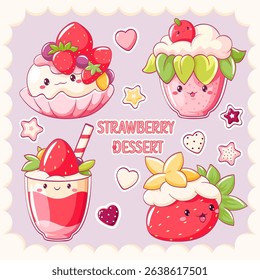 Strawberry dessert. Set of stickers with cute characters in kawaii style. Cake, muffin, smoothie with whipped cream and strawberry. Can be used for t-shirt print, sticker, greeting card. Vector EPS8