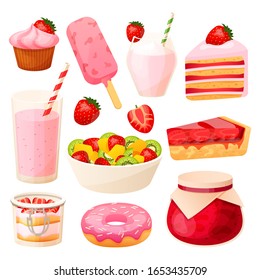 Strawberry dessert set, summer cafe menu, cake and milkshake isolated on white, vector illustration. Collection of summer sweet food, fresh strawberry ingredient. Fruit salad, berry jam and pie slice