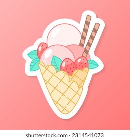 Strawberry dessert sticker. Flat cartoon illustration of a waffle cone with ice cream. Vector 10 EPS.