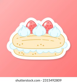 Strawberry dessert sticker. Flat cartoon illustration of a eclair with cream. Vector 10 EPS.