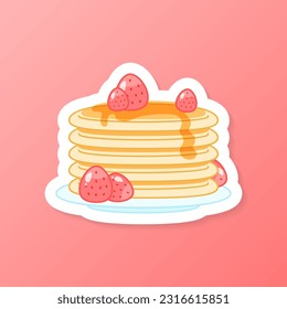 Strawberry dessert sticker. Flat cartoon illustration of a stack of pancakes with berries. Vector 10 EPS.