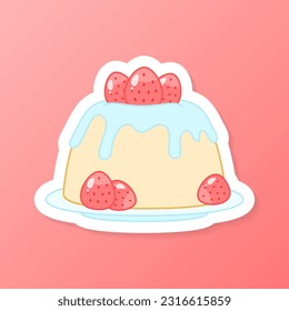 Etiqueta de postre de fresa. Dibujo plano de una panna cotta con crema. Vector 10 EPS.