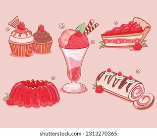 Strawberry dessert vector set with Swiss Roll Cake, Cupcakes, Milkshake, strawberry jelly and strawberry pie