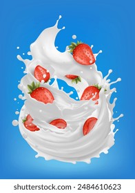 Strawberry dessert with whipped cream. 3d vector illustration realistic  ripe and juicy strawberries. Splashes of milk and drops from falling fresh red berries. Mesh gradient wes