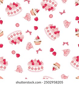 Strawberry desserts pattern isolated on a white.For textile, fabric, wallpaper, banners, cards and so on