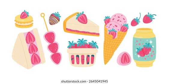Conjunto de sobremesas de morango. Vários alimentos doces com sabor de morango. Coleção de ilustrações de vetor doce estilo plano isolada