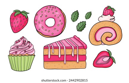Strawberry desserts. Strawberry slice cake, cupcake, donut, roll Pink vector icon set