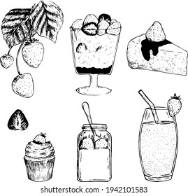 Strawberry and desserts from strawberries ink illustration set. Strawberry ice cream, cheesecake, cupcake, yoghurt and smoothie vector drawings. 