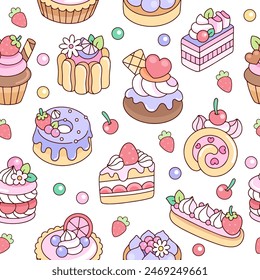 Strawberry desserts and sweet foods seamless pattern background vector illustration