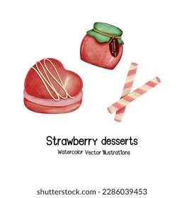 Strawberry desserts water color vector illustration1