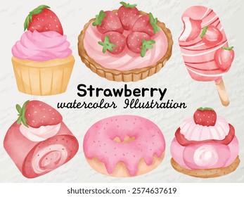 Strawberry Desserts Watercolor Illustration Set - Cupcakes, Tarts, Popsicles, Donuts, and Sweet Rolls in Soft Pink Tones - Perfect for Food-Themed Designs and Creative Projects