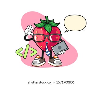 Strawberry developer with speech bubble cartoon. Mascot Character vector.