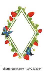 Strawberry diamond border. Strawberry text frame with leaves isolated on white. Vector illustration.