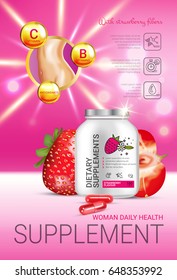 Strawberry dietary supplement ads. Vector Illustration with supplement contained in bottle and strawberry elements. Vertical poster.