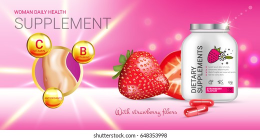 Strawberry dietary supplement ads. Vector Illustration with supplement contained in bottle and strawberry elements. Horizontal banner.