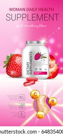 Strawberry dietary supplement ads. Vector Illustration with supplement contained in bottle and strawberry elements. Vertical banner.