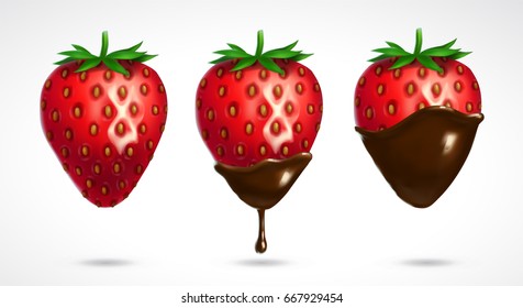 Strawberry dipped in chocolate. 3d vector icon isolated on white background. Realistic illustration