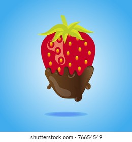 Strawberry dipped in chocolate floating on blue background with shadow