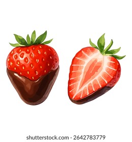 Morango mergulhado em chocolate e morango metade em fundo branco. Ótimo para menus de sobremesa, projetos românticos e embalagens doces