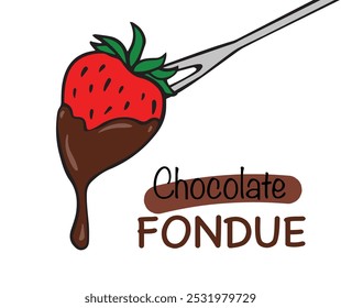 morango mergulhado em chocolate rico, gotejando em um garfo de fondue. Ideal para uso em menus, cartazes de sobremesa, livros de receitas ou design de embalagem para produtos de fondue ou chocolate.