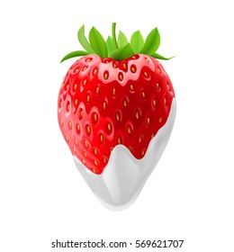 Strawberry Dipped in Sour Cream. Illustration on White