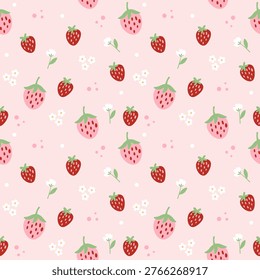 Strawberry Ditsy Seamless Pattern with Small Floral Elements on Soft Pink Background for Fabric Design